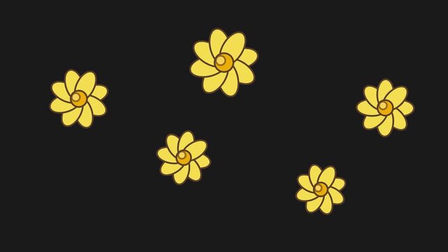 Minimalist yellow flower pattern scattered against a solid dark charcoal black background surface with stylized flowers scattered scattered randomly across video repetitive pattern
