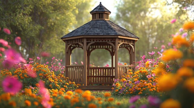 Wooden gazebo in a flower garden scenic outdoor structure with a slate shingled roof pavilion