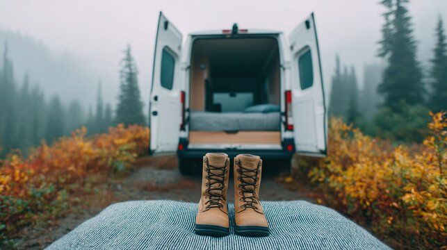A pair of hiking boots sits on a blanket in front of an open camper van, surrounded by autumn foliage and misty forest trees.