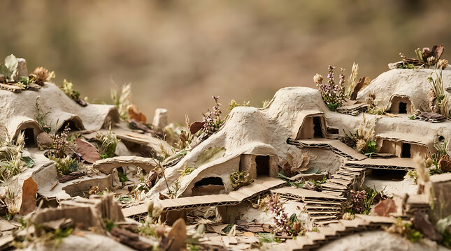 Miniature village crafted from recycled cardboard and paper pulp featuring organic dwellings with tiny doorways amidst dried floral landscaping and intricate tiered staircases for architectural model.