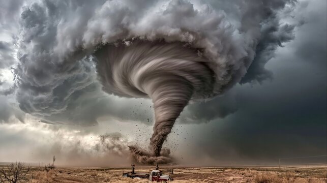 Massive swirling tornado vortex descending from a dark supercell cloud for severe weather warning and natural disaster risk concepts