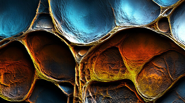  Textura de c&eacute;lulas macroorg&aacute;nicas, detalle azul naranja, fondo abstracto. Primer plano extremo de la superficie de las c&eacute;lulas org&aacute;nicas azules y naranjas. Textura de naturaleza abstracta
