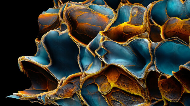  Estructura celular org&aacute;nica colorida, fondo cient&iacute;fico abstracto azul naranja. Textura celular org&aacute;nica azul y naranja v&iacute;vida de cerca. Antecedentes abstractos de biolog&iacute;a, ciencia y naturaleza.