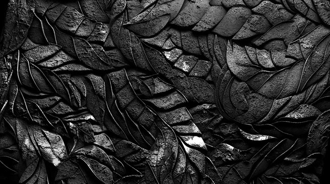  Fondo abstracto de textura de roca con patr&oacute;n de hojas en blanco y negro. Textura de hoja en capas monocrom&aacute;ticas que se asemeja a la formaci&oacute;n rocosa. Sugiere elegancia, misterio y complejidad.