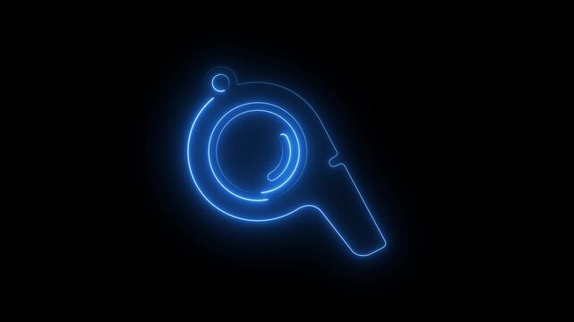 Glowing blue neon whistle icon sports referee equipment outline coach symbol dark background.