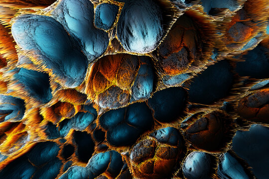  Textura del nervio celular org&aacute;nico azul anaranjado macro antecedentes cient&iacute;ficos abstractos. Textura nerviosa de c&eacute;lulas org&aacute;nicas v&iacute;vidas de color azul y naranja, extremo de cerca. 