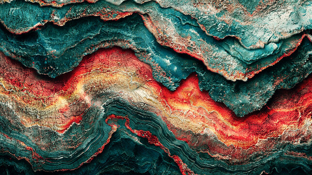  Fondo de arte abstracto con patr&oacute;n de ondas de m&aacute;rmol org&aacute;nico rojo verde azulado y dorado. Patr&oacute;n de m&aacute;rmol org&aacute;nico con capas de ondas v&iacute;vidas en rojo, verde azulado y dorado. Fondo abstracto