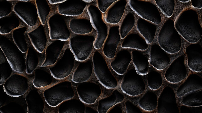  Madera oscura tallada con profundo patr&oacute;n celular org&aacute;nico y sombra. Fondo de textura de lujo rico para dise&ntilde;o editorial y premium.
