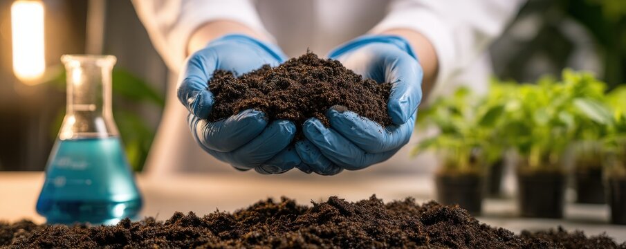 Hands holding soil with laboratory equipment in the background a detailed photo earth dirt ground
