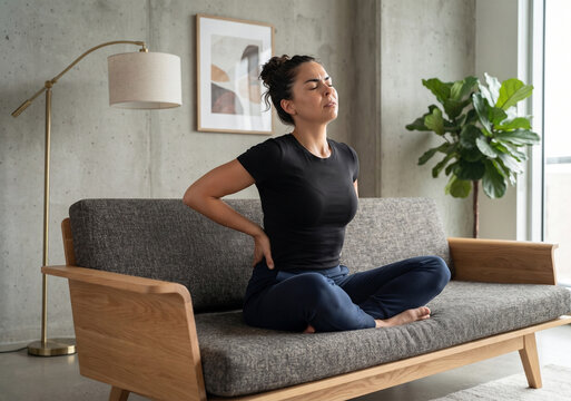 Woman sitting on a couch at home experiencing lower back pain