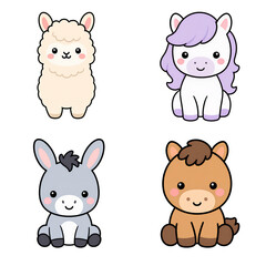 Naklejka premium Cute cartoon alpaca kawaii farm animal child illustration pastel color vector smiling baby character sitting pose adorable design nursery art