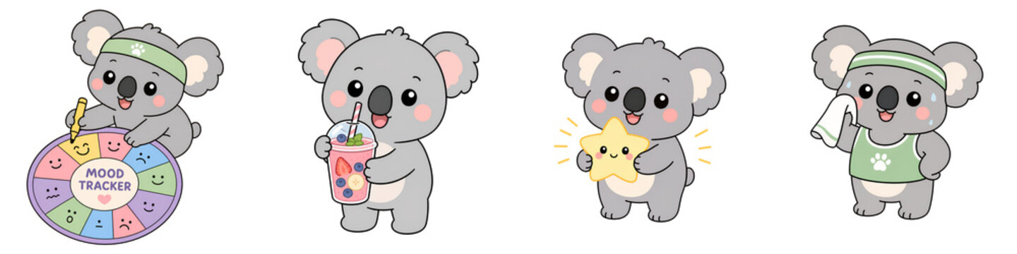 Cute koala mood tracker kawaii illustration mental health emotional support daily habit drink cup star plush fitness outfit self care Cute koala