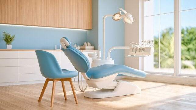 Modern dentist treatment room with blue chair and natural light