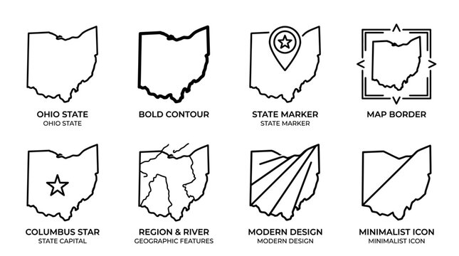 Set of Ohio State Map Outline Icons Vector Collection for Travel and Education