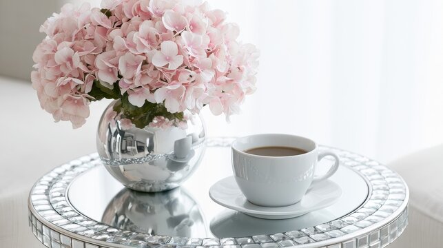 A bouquet of pink hydrangeas in a mirrored vase sits next to a coffee cup on a tiled end table. Ideal for home decor lifestyle concepts.