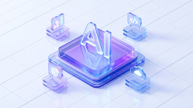 3d render of artificial intelligence concept with ai letters on a digital processor chip surrounded by data analysis and cloud icons