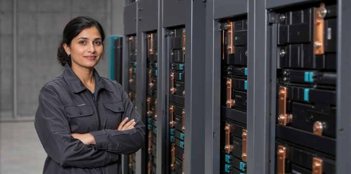 Portrait of a female engineer standing with arms crossed in a data center. South Asian woman technician in grey uniform next to server racks. Energy storage facility concept