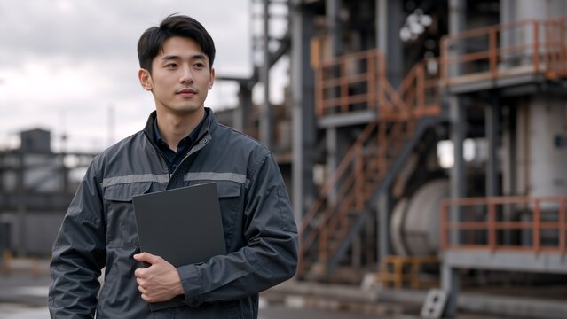 Young Asian male engineer holding folder at industrial plant. Confident technician in gray uniform looking away. Professional worker at factory refinery