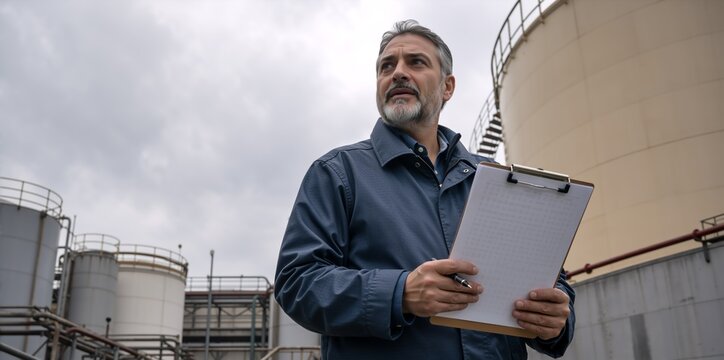 Middle aged male engineer holding clipboard at industrial refinery. Serious inspector looking away at chemical plant. Professional supervisor in blue jacket