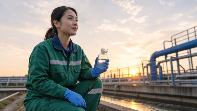 Female environmental scientist testing water quality at a treatment plant. Asian woman technician holding a water sample bottle at sunset