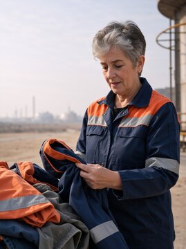 Senior female worker inspecting high visibility uniform at industrial site. Woman in blue and orange workwear holding jacket. Professional safety inspector at factory