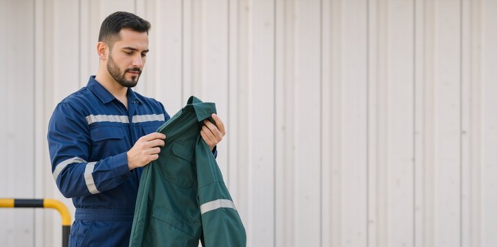 Male worker inspecting green work jacket against metal wall. Young technician in blue uniform holding clothing. Copy space for text