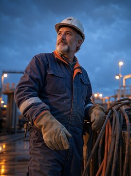 Mature male industrial worker in hard hat and safety uniform at twilight. Portrait of senior engineer or technician at refinery plant. Professional labor and safety concept