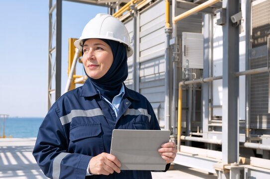 Female Muslim engineer wearing a hijab and hard hat holding a tablet. Diverse woman inspector at an outdoor industrial facility near the sea