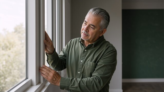 Mature man inspecting a white window frame indoors. Home renovation and window installation quality check by contractor or homeowner. Residential maintenance concept