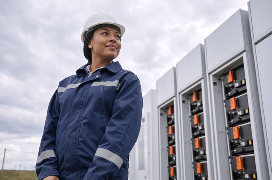 Young black female engineer in hard hat standing by energy storage units. Low angle portrait of woman technician at electrical substation or solar power plant