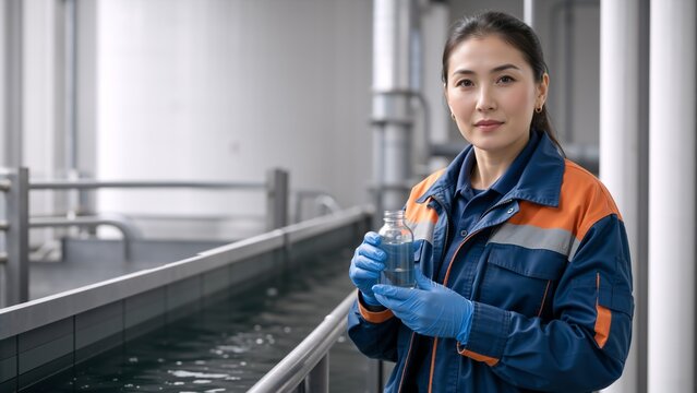 Female water treatment technician holding a liquid sample bottle. Asian woman scientist conducting quality control inspection at industrial purification facility