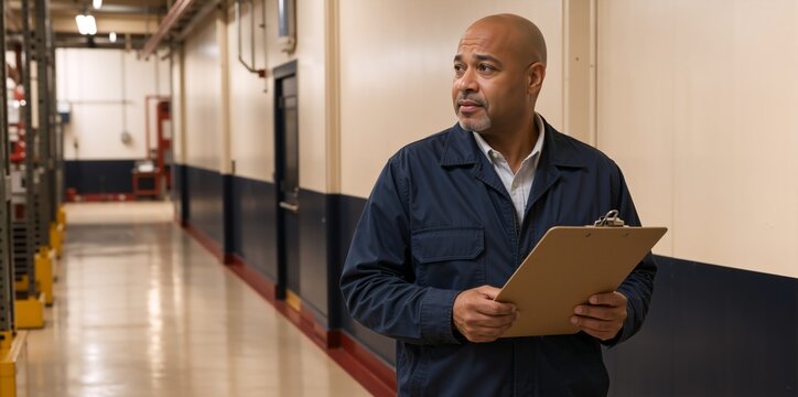 Male warehouse inspector holding a clipboard in a facility corridor. Middle aged black supervisor conducting inventory audit or safety check in logistics center