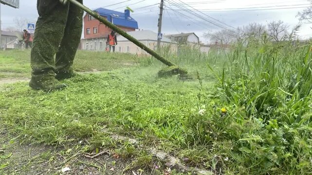 Municipal worker cutting overgrown roadside grass with a string trimmer, green clippings flying, ground level view on an overcast spring day in a residential area