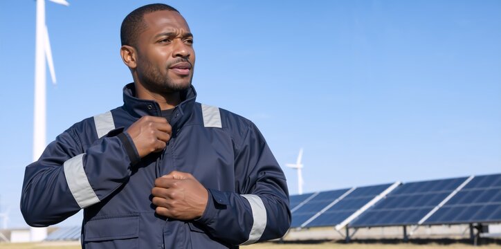 Black male renewable energy technician at a solar and wind farm. Professional green energy engineer adjusting his uniform jacket outdoors under a clear blue sky