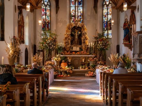 Festlich geschm&uuml;ckte deutsche Kirche zum Erntedankfest mit Erntekranz, K&uuml;rbissen, Obst, Gem&uuml;se und Getreide am Altar &ndash; christliche Tradition, Glaube und Dankbarkeit.