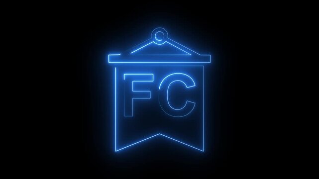 Glowing blue neon football club pennant icon FC emblem flag symbol sports sign dark background.