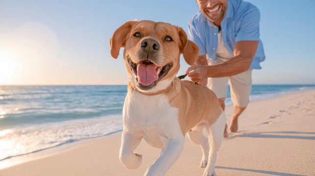 Happy dog running with owner on sandy beach at sunset