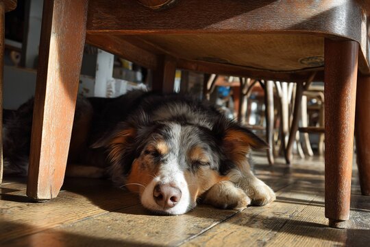 service dog resting peacefully under caf&eacute; table