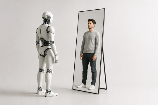 Humanoid robot looking at human reflection in mirror