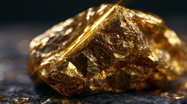 Gold nugget resting on dark stone a detailed photographic close up with bright highlights ore