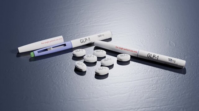 3d rendered image of glucagon like peptide 1 or GLP-1 injection pens and pills.