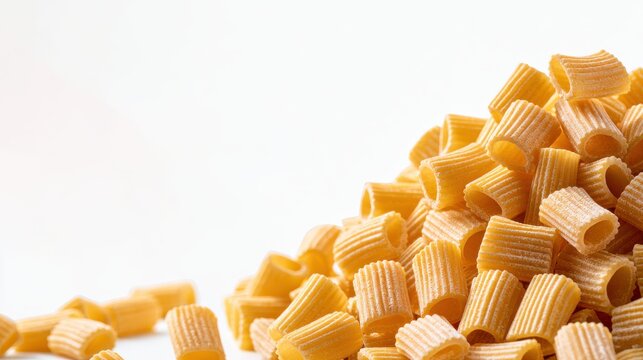 Pile of rigatoni pasta against a white background a close up food photography composition macaroni