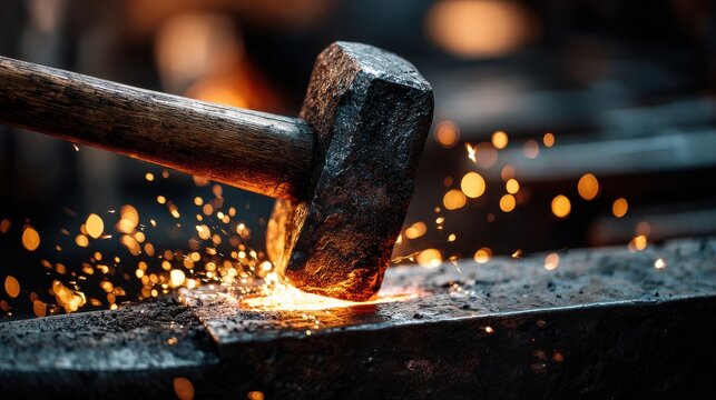 Blacksmith s hammer striking metal generating sparks a detailed photographic scene blacksmithing forging metalworking anvil