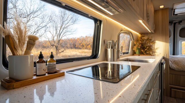Van conversion kitchen interior with a cooktop sink and scenic autumn view through the window