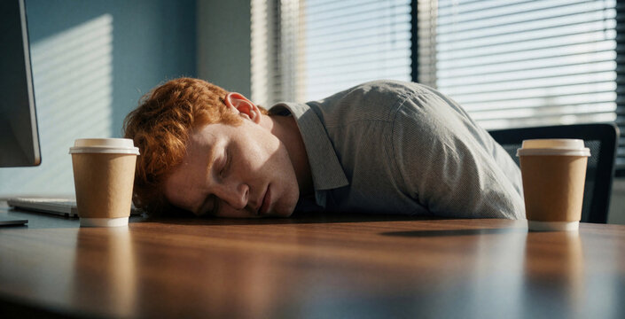 Tired red hair man slepic deeply on office desk. Exhausted male employee rests near coffee cups after long work. Burnout, stress concept in modern workplace. Young professional feels fatigue, needs