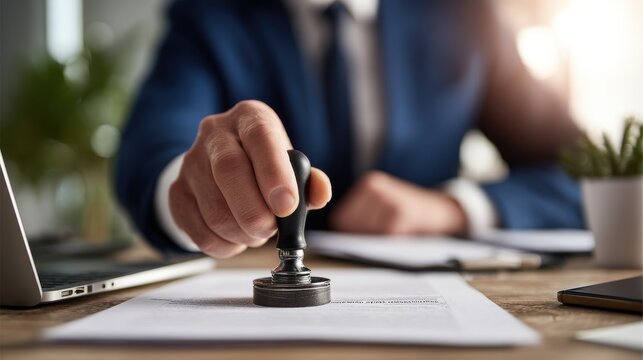 Rubber stamp with a wooden handle being pressed onto a document close up photo sealing