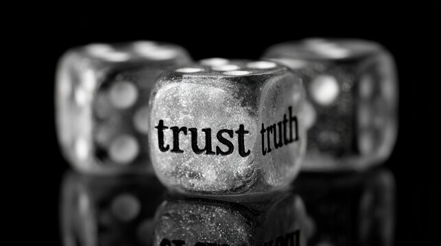 A shiny dice with the words trust and truth written on it in a dark conceptual setting. Represents integrity and ethics in business decisions.