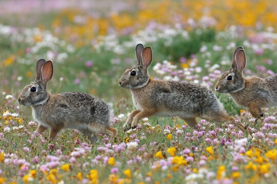 wild rabbits hopping through carpet of wildflowers