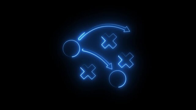 Glowing blue neon tactics icon sports strategy play plan scheme symbol dark background.