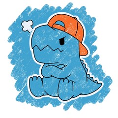 Cute blue dinosaur wearing an orange baseball cap, featuring a playful retro hand-drawn style with distressed texture and bold outlines.